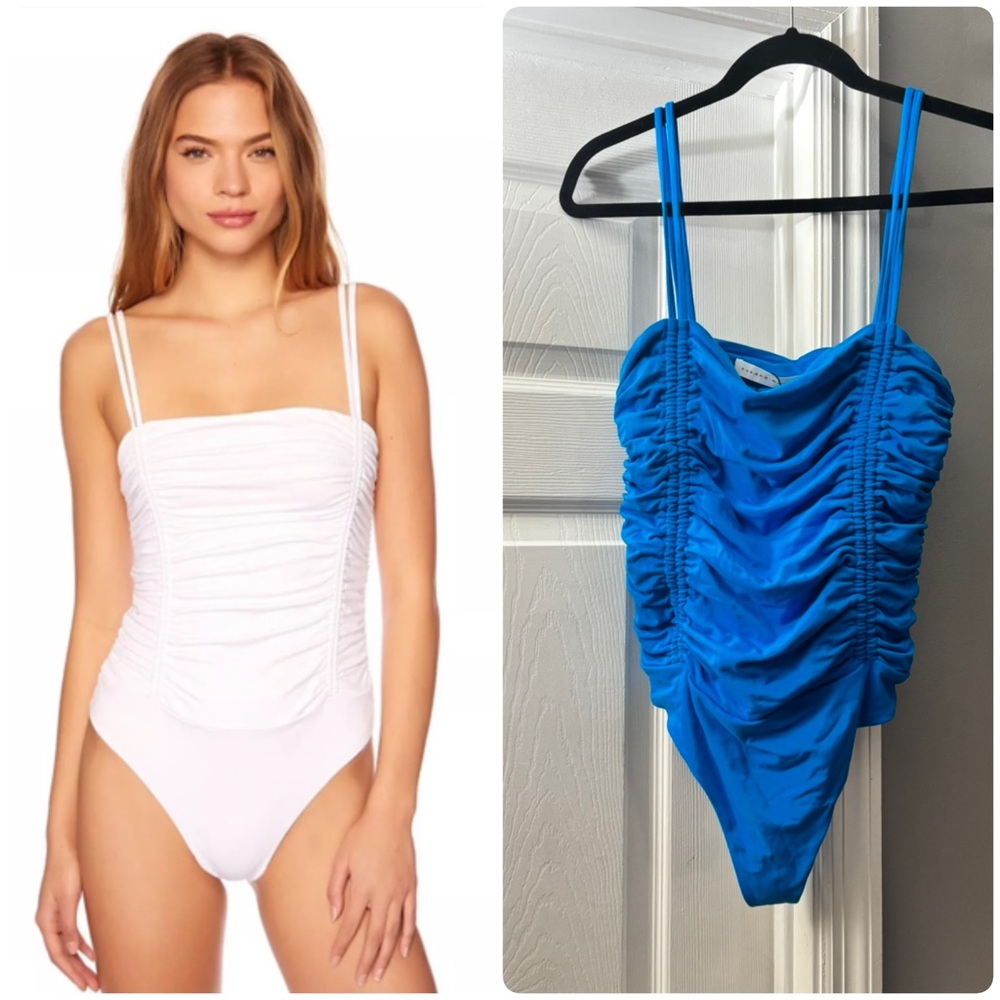 Susana Monaco Square Neck Double String Gathered Ruched Thong Bodysuit Large